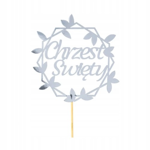 Topper Chrzest Św. srebro sześciokąt listki